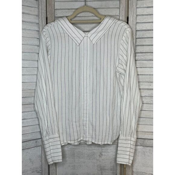 Promesa White Collared Pinstripe Long Sleeve Blouse Size Small - Picture 1 of 5